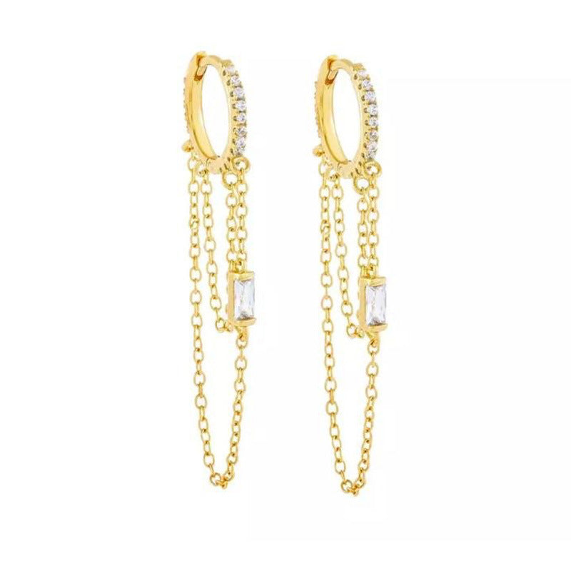 Jeweled Chain Tassel Design Micro-Inlaid Earrings