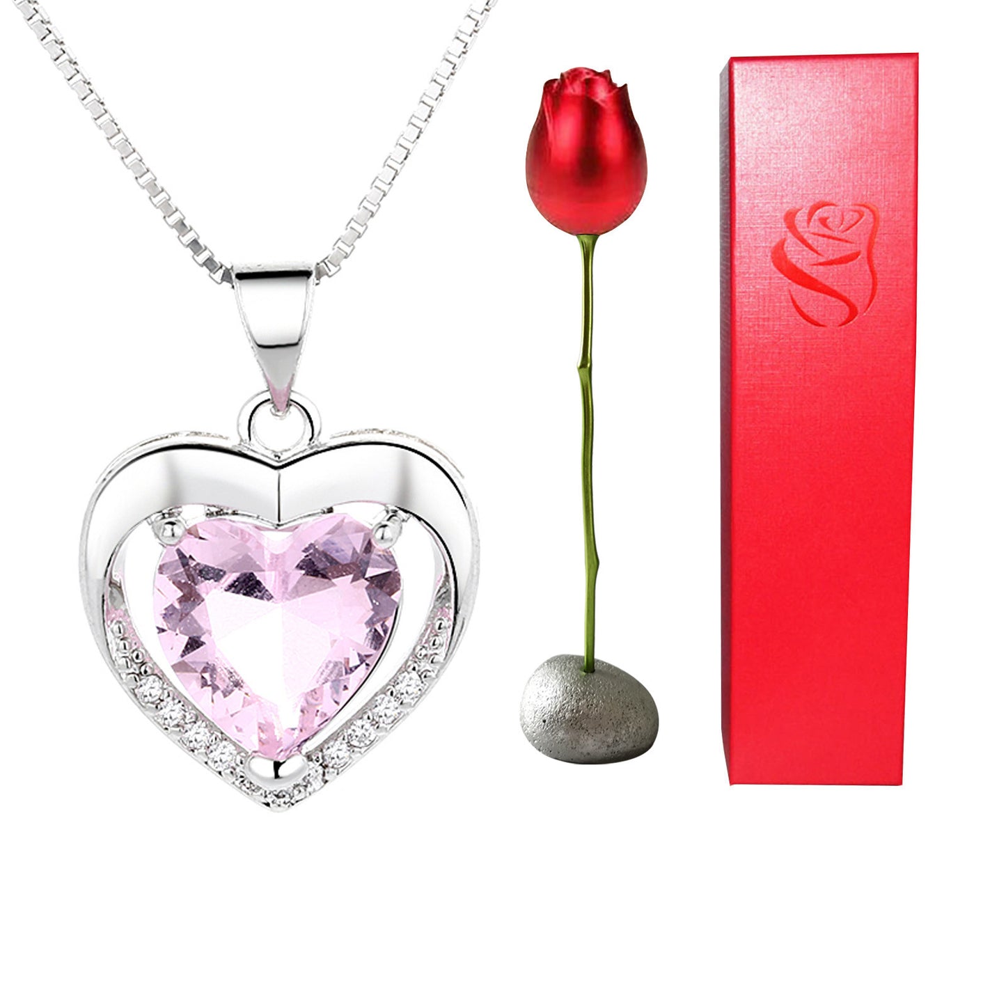 Rose Head Jewelry box Heart Crystal Pendant Necklace