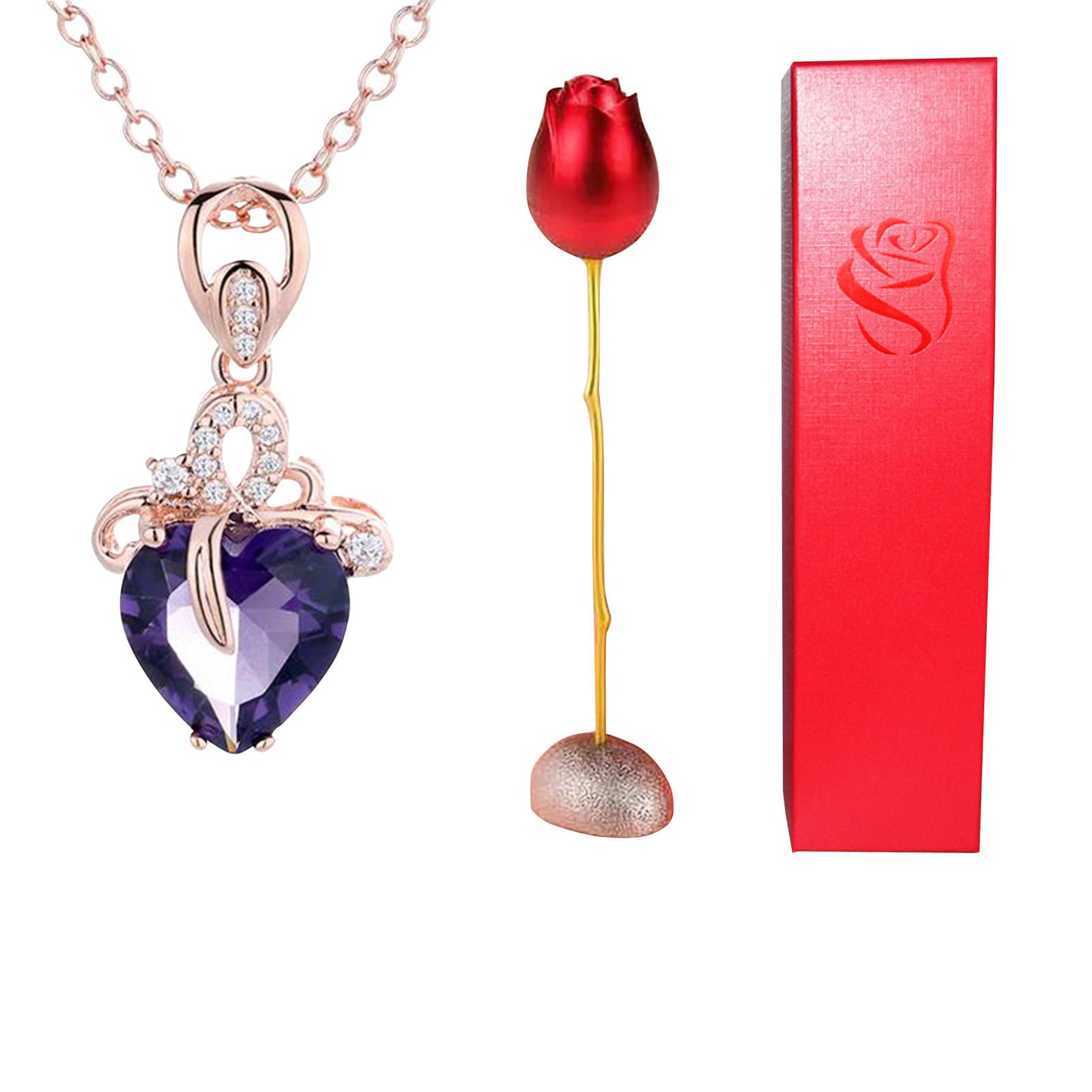 Rose Head Jewelry box Heart Crystal Pendant Necklace