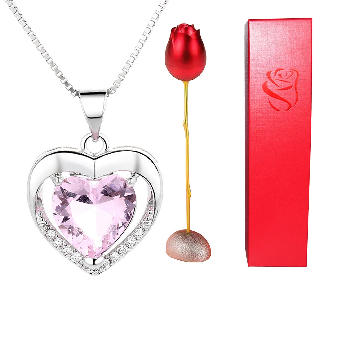 Rose Head Jewelry box Heart Crystal Pendant Necklace