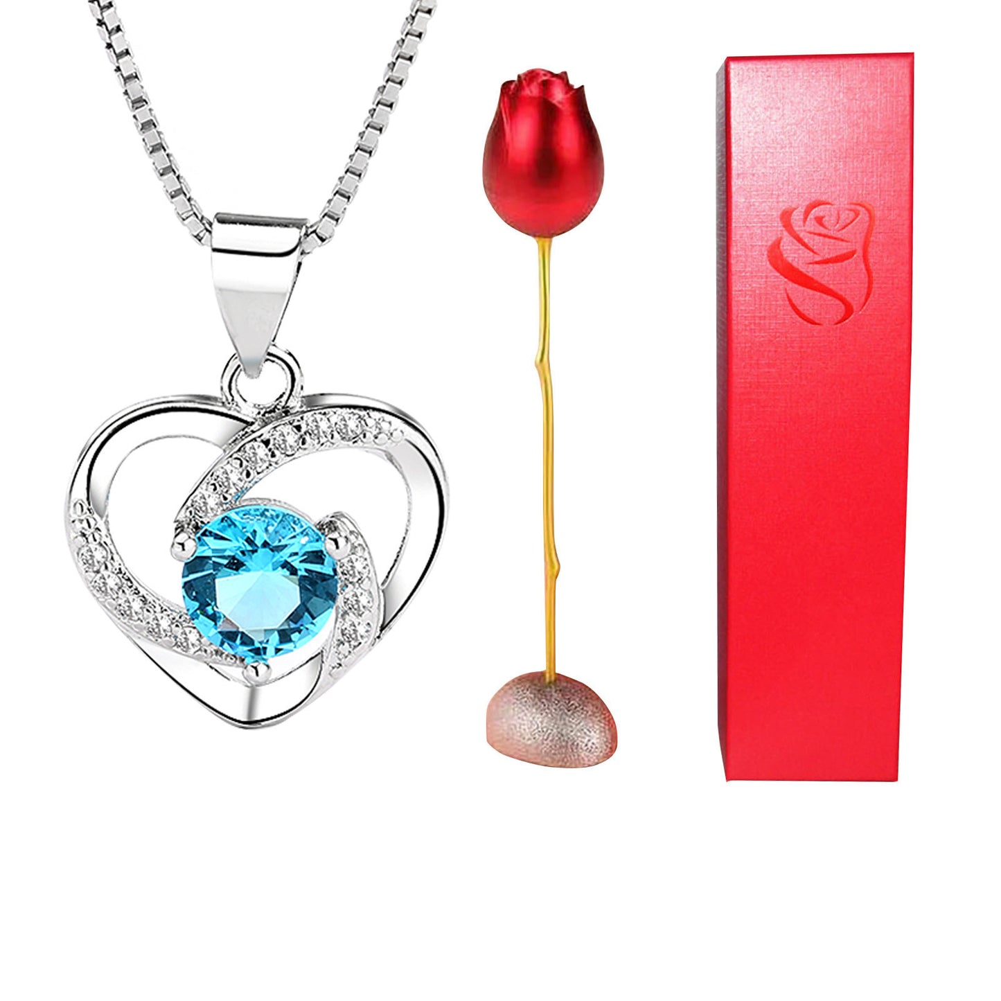 Rose Head Jewelry box Heart Crystal Pendant Necklace