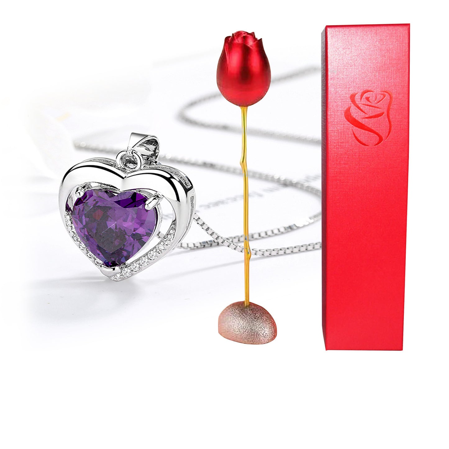 Rose Head Jewelry box Heart Crystal Pendant Necklace