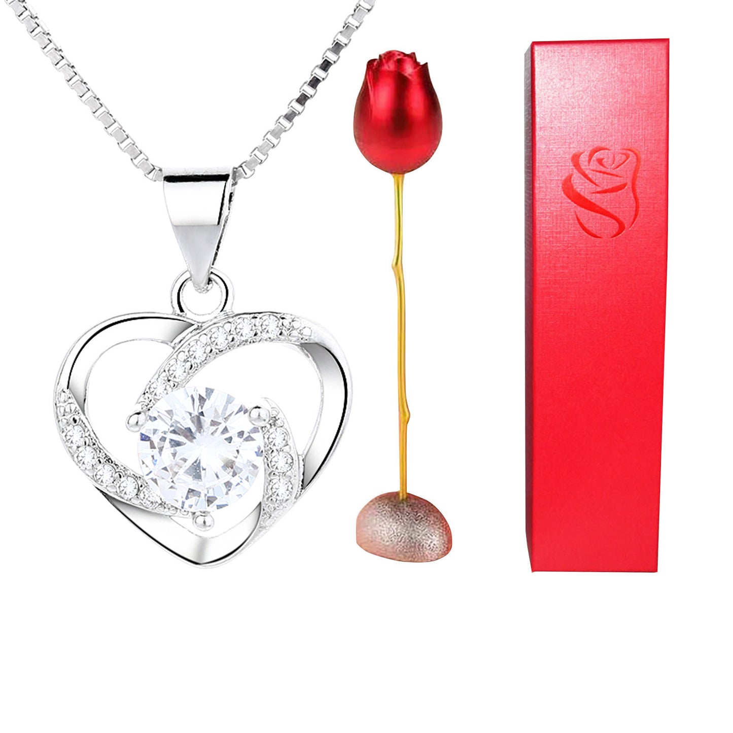 Rose Head Jewelry box Heart Crystal Pendant Necklace