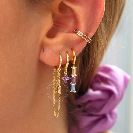 Jeweled Chain Tassel Design Micro-Inlaid Earrings