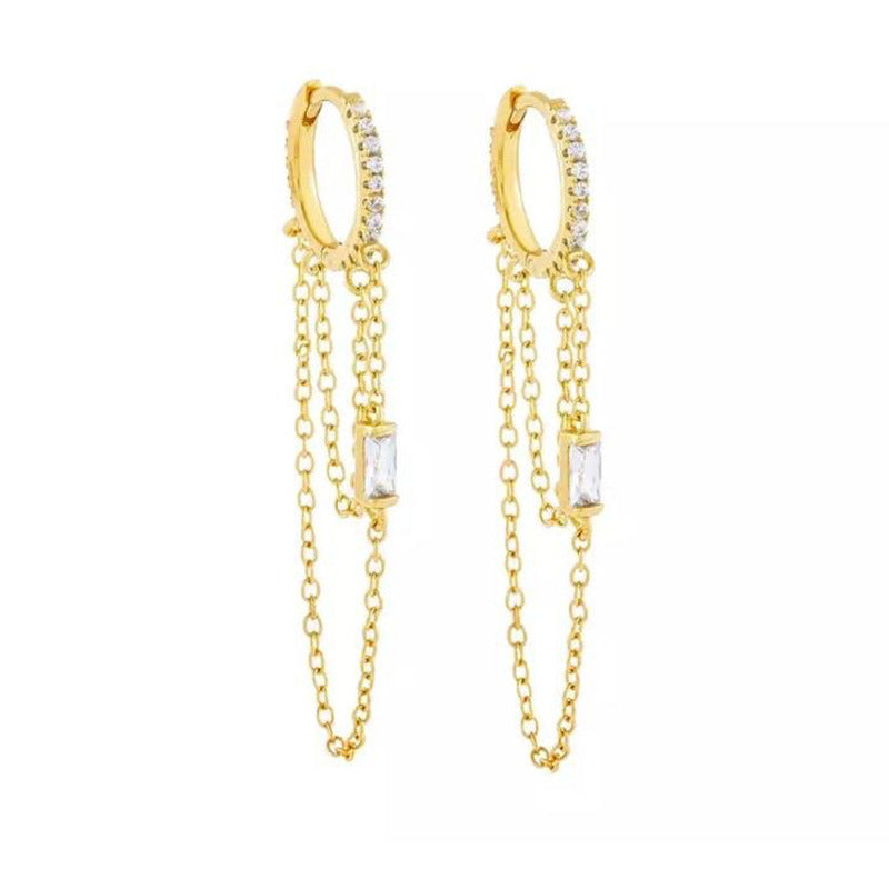 Jeweled Chain Tassel Design Micro-Inlaid Earrings