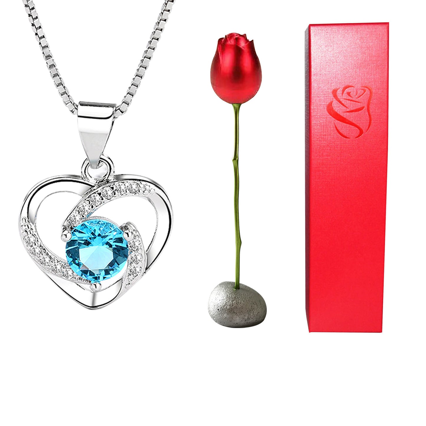 Rose Head Jewelry box Heart Crystal Pendant Necklace