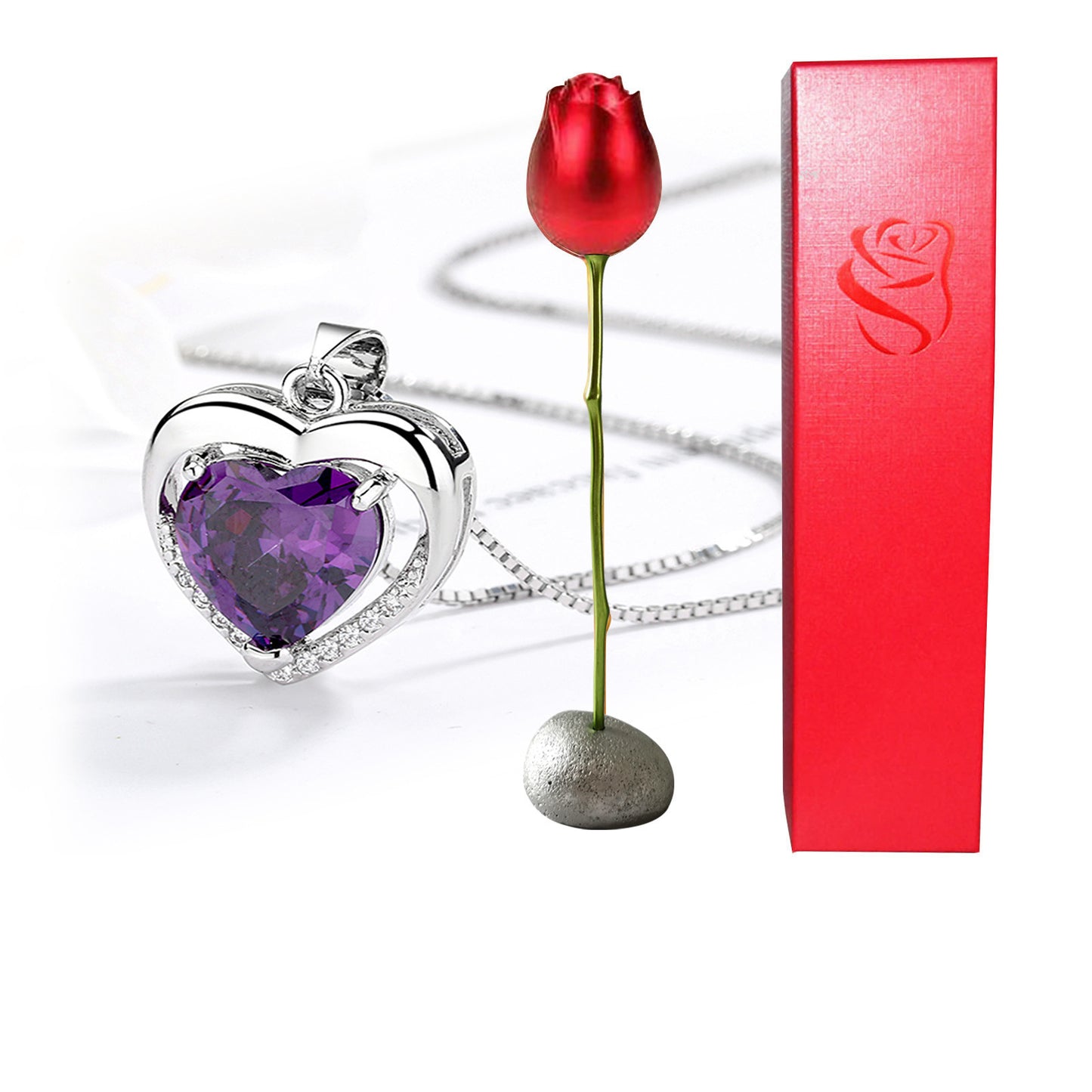 Rose Head Jewelry box Heart Crystal Pendant Necklace