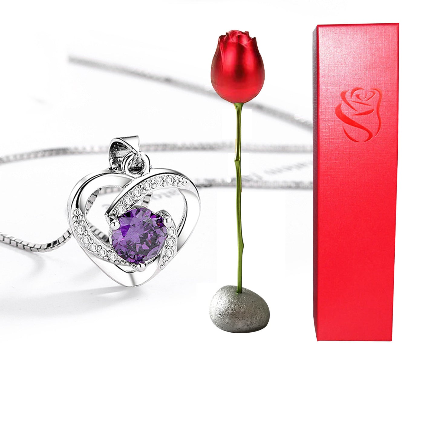 Rose Head Jewelry box Heart Crystal Pendant Necklace