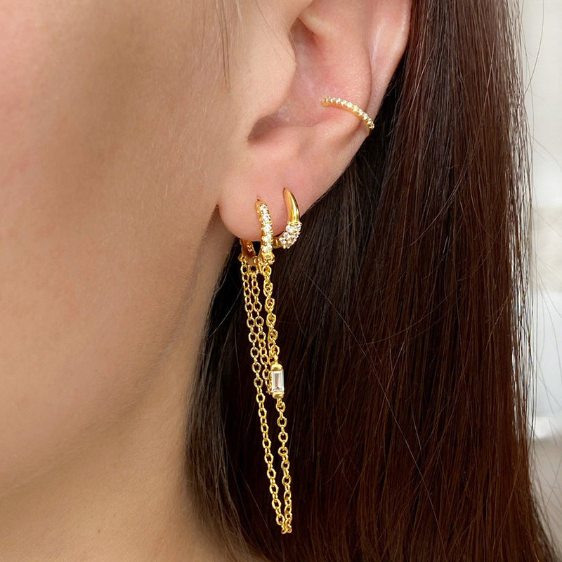 Jeweled Chain Tassel Design Micro-Inlaid Earrings