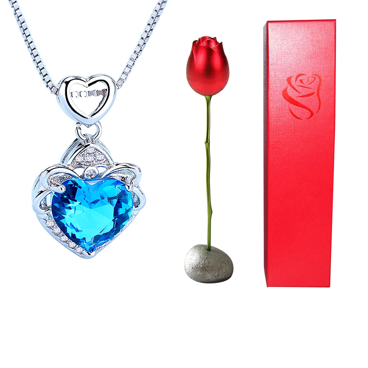 Rose Head Jewelry box Heart Crystal Pendant Necklace