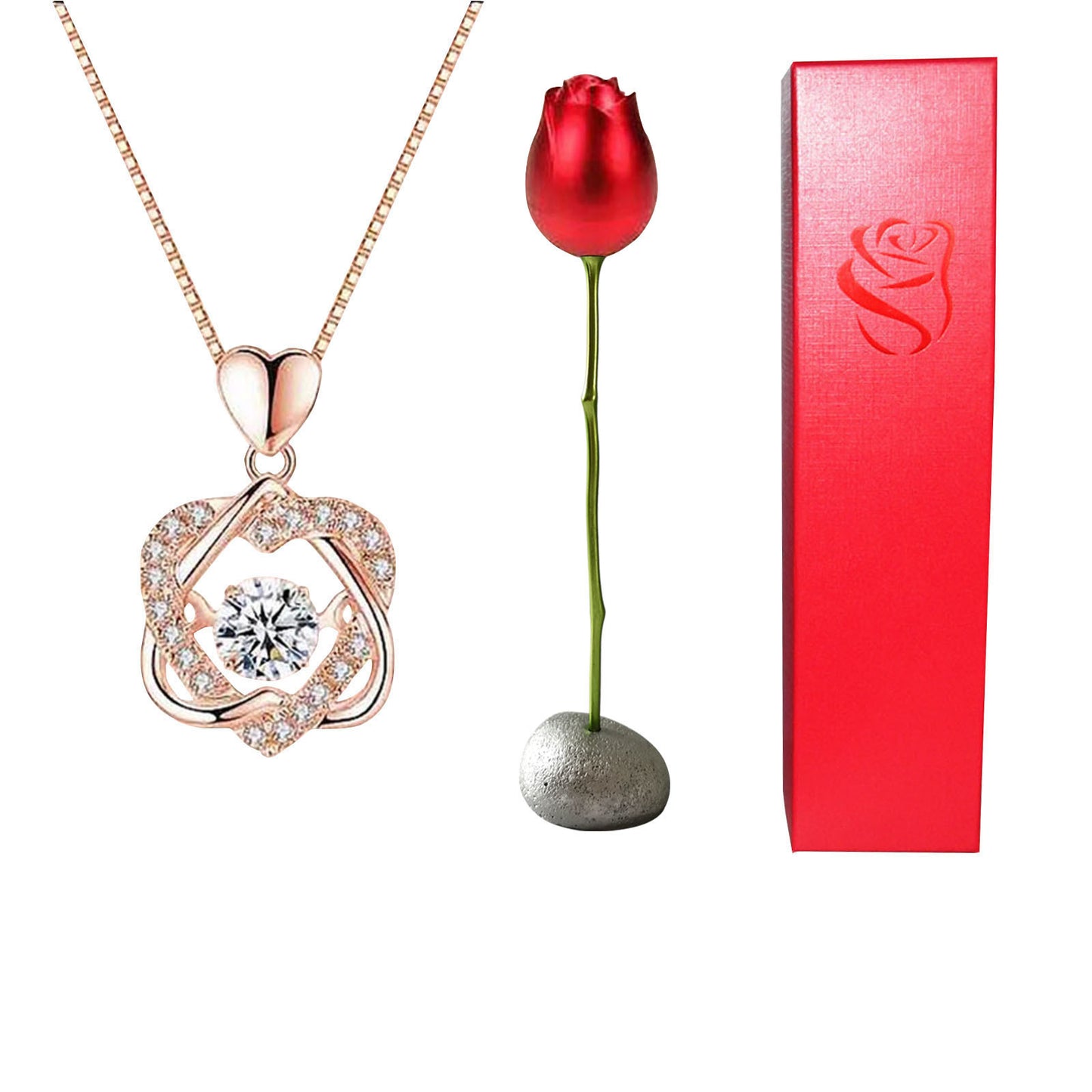 Rose Head Jewelry box Heart Crystal Pendant Necklace