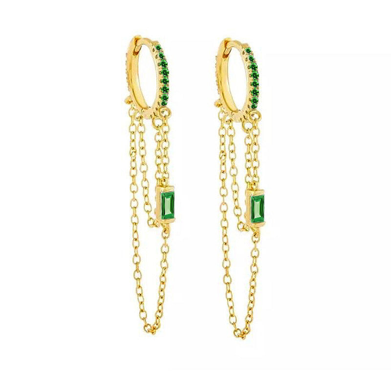 Jeweled Chain Tassel Design Micro-Inlaid Earrings