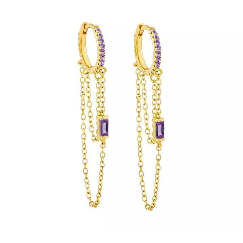 Jeweled Chain Tassel Design Micro-Inlaid Earrings