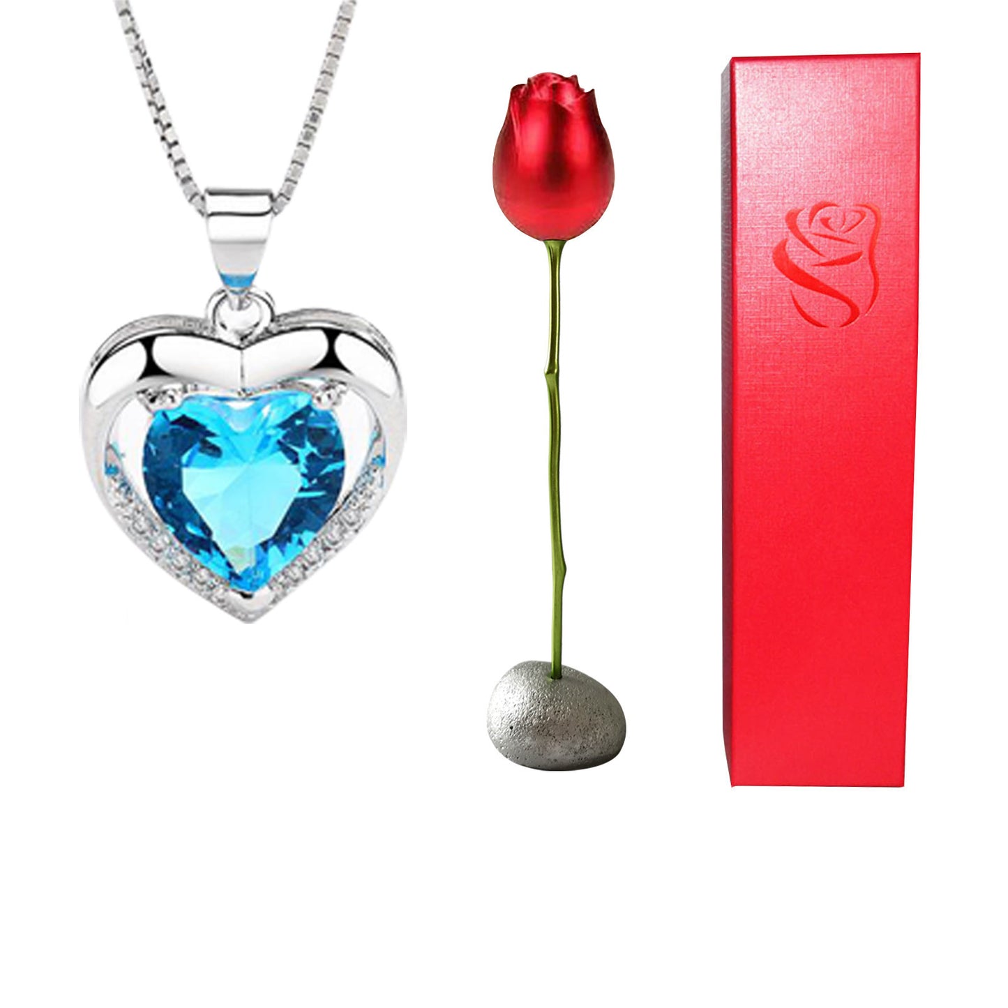 Rose Head Jewelry box Heart Crystal Pendant Necklace