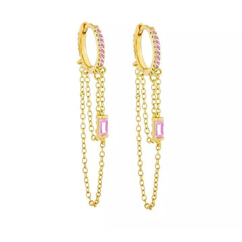 Jeweled Chain Tassel Design Micro-Inlaid Earrings