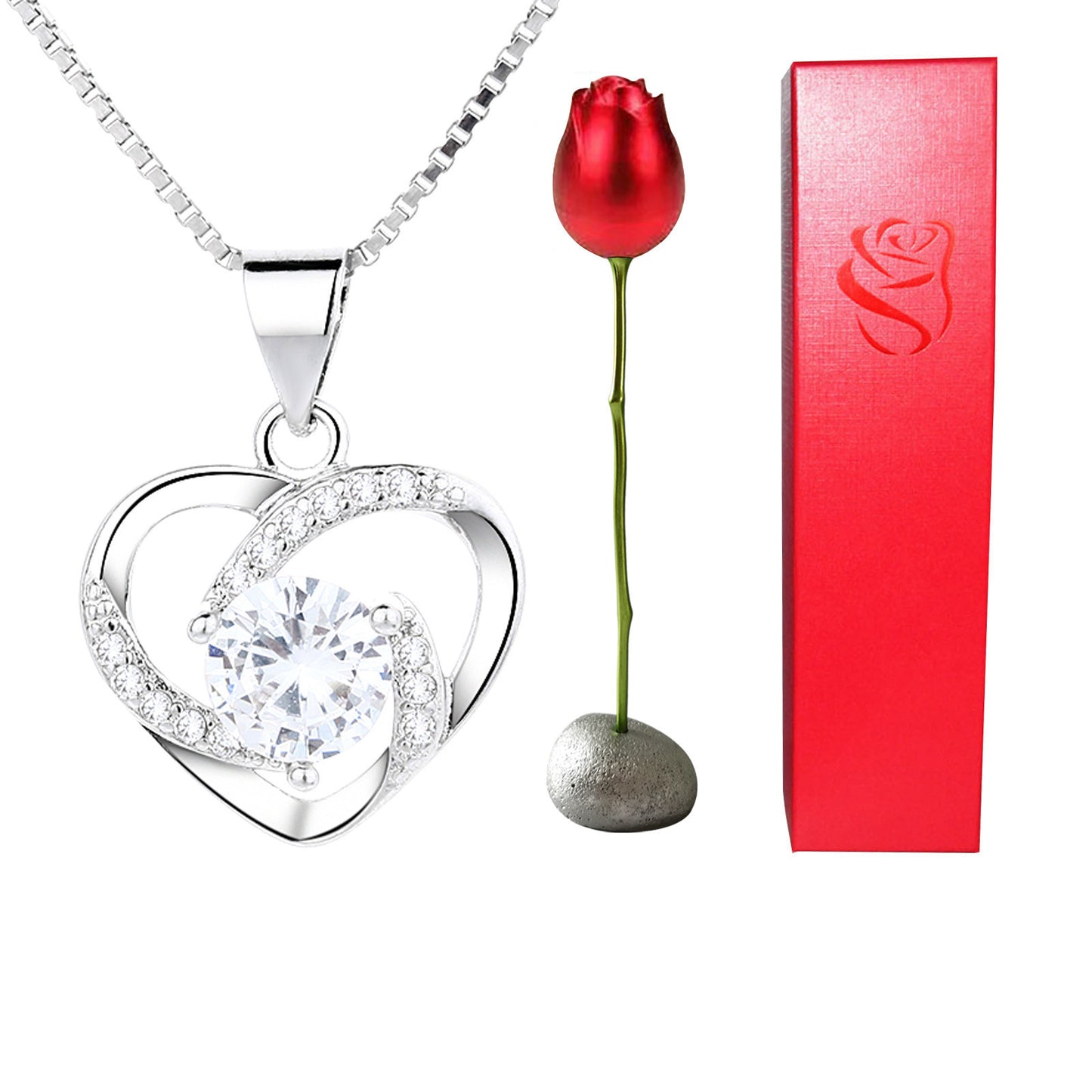 Rose Head Jewelry box Heart Crystal Pendant Necklace